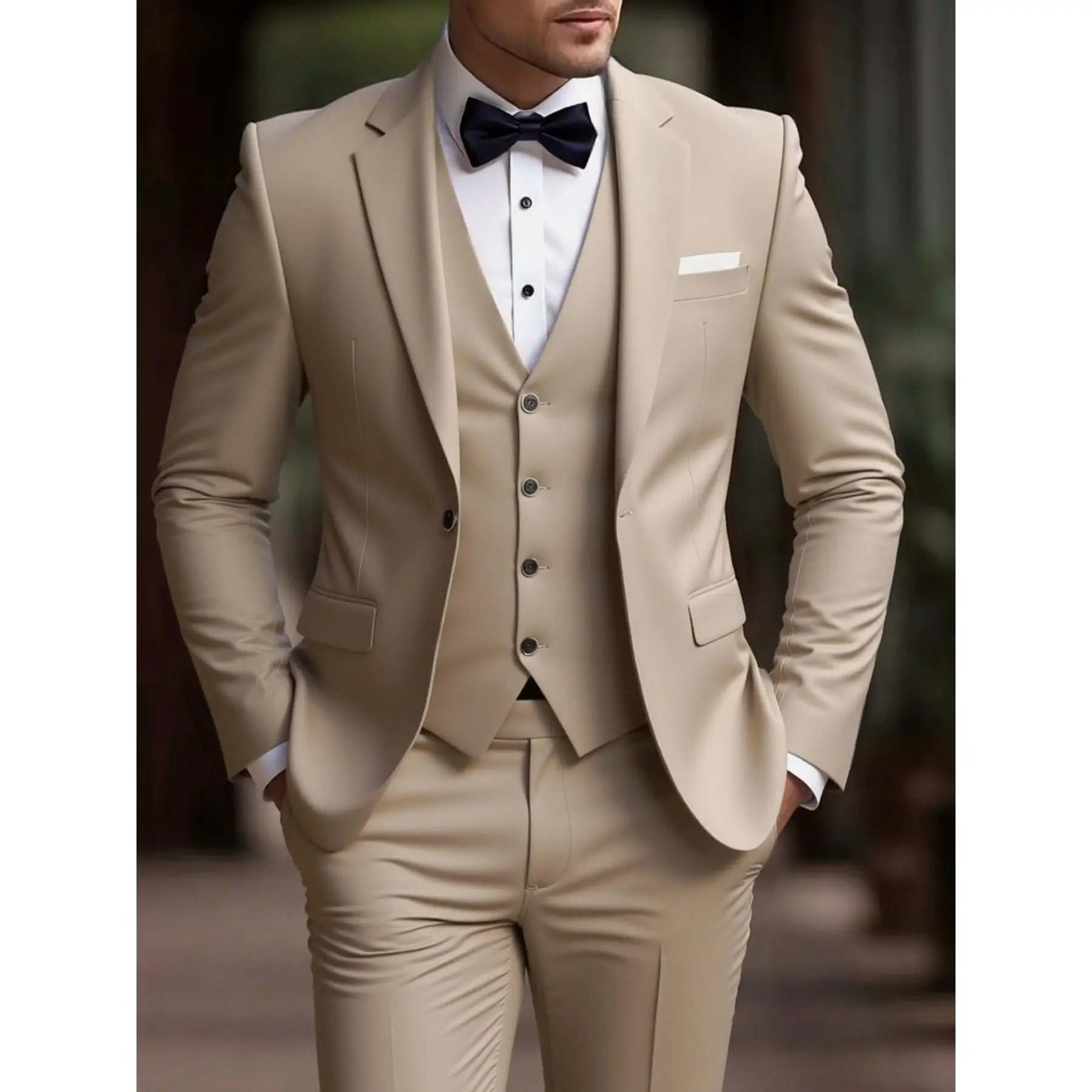 Men's 3-Piece Fitted Cut Formal Wear Suit Set - Longsleeves, Vest, Pants, Classical Look, Casual Wear Option for Work Uniform, Wedding