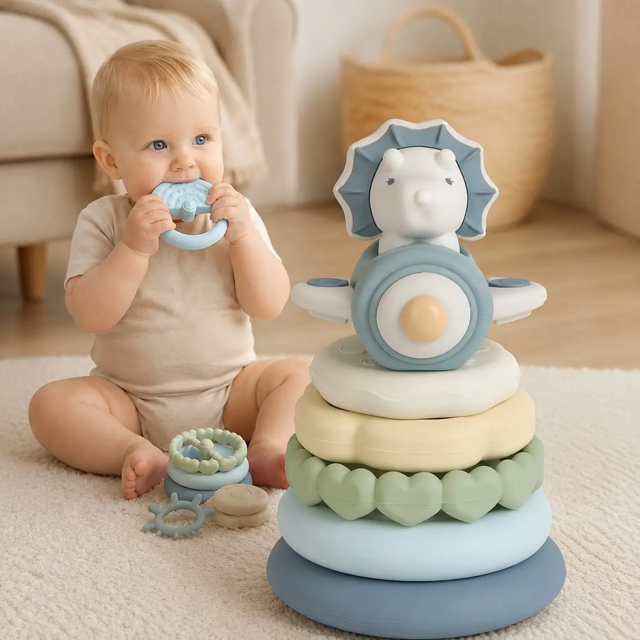 Dinosaur Silicone Stacking Rings, 7-Piece Baby Teething Toy, 6M+Gift
