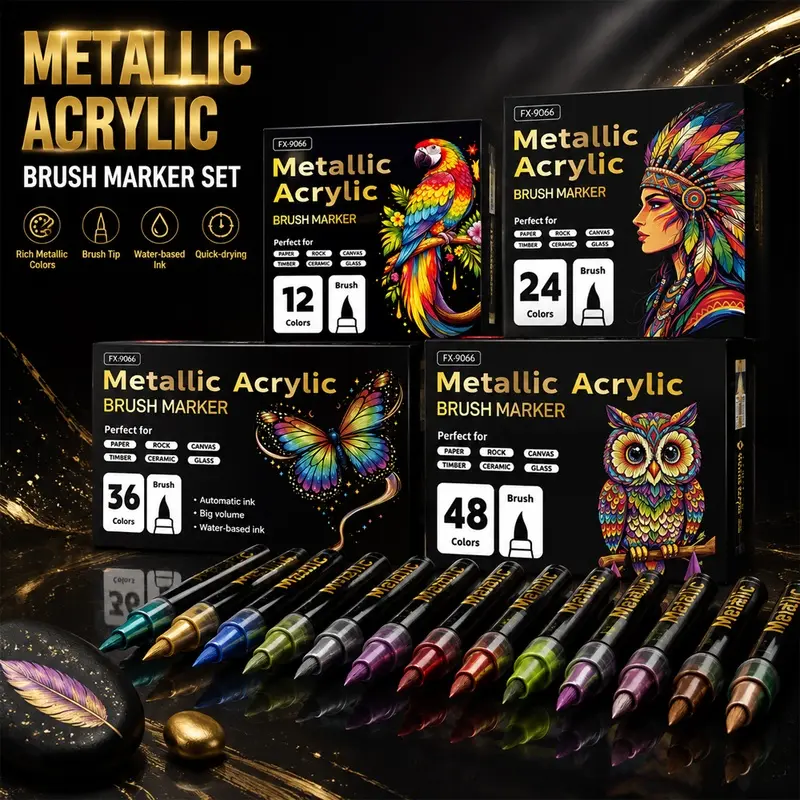 12/24/36/48 Colors Metallic Acrylic Paint Markers feature highly pigmented metallic ink, smooth application and durable coverage. Designed with a flexible brush tip for precision drawing and versatile coloring effects, they work beautifully on canvas, woo