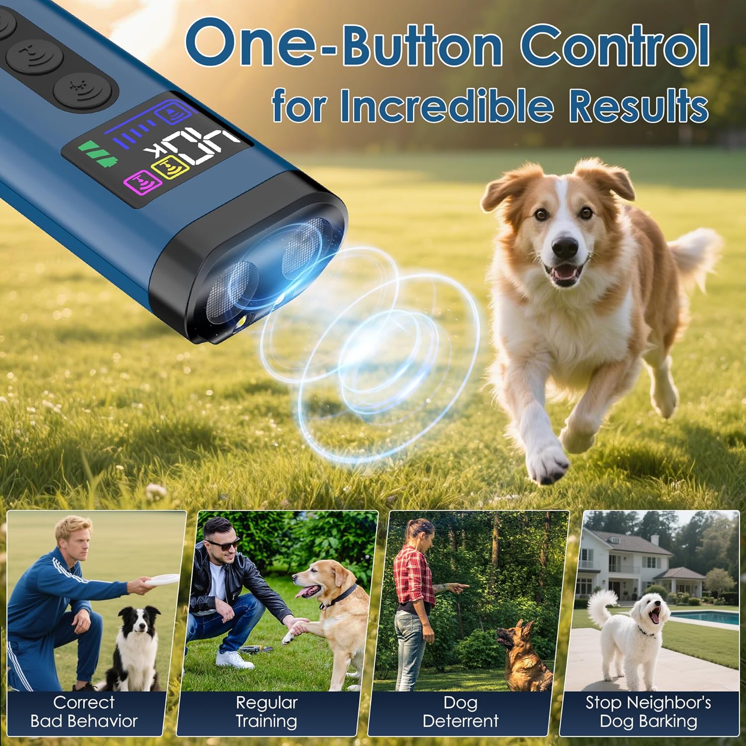 Dog Bark Deterrent Device, 65 FT Range,3X Ultrasonic Bark Deterrent Device & Ultrasonic Dog Trainer - Anti-Barking Device with Color Display, Safe & Effect