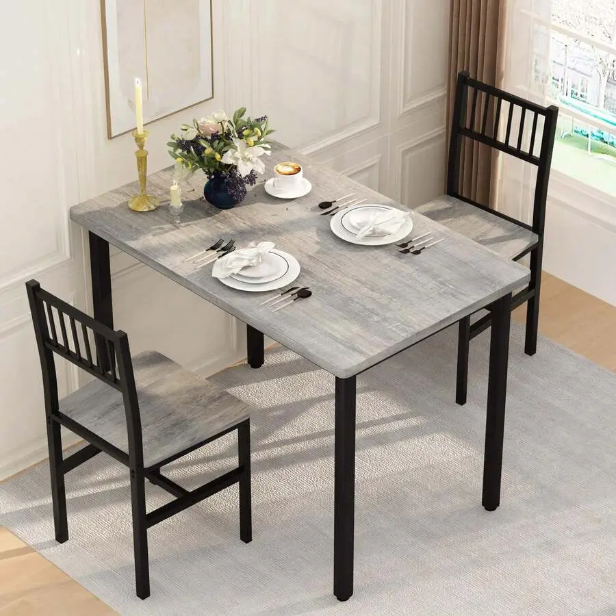3 Piece Dining Table Set, Small Industrial Table And 2 Chairs, Breakfast Dining Table Set, Breakfast Table Set Dining Room, Living Room, Apartment, Small Space