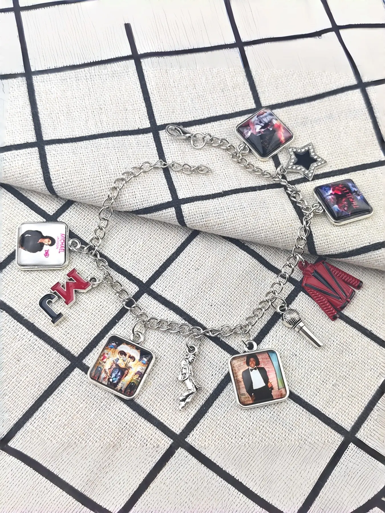 Michael Jackson Pendant Bracelet, Vintage Retro American Cool Style, Adjustable Chain, Multiple Charms, Music Fan Collectible, Holiday Gift