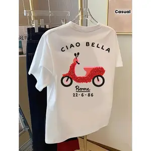 Ciao Bella Cute Scooter Graphic Oversized T Shirt Women Casual Loose Fit Short Sleeve Tee Summer Daily Vacation Soft Comfortable Streetwear Aesthetic Top