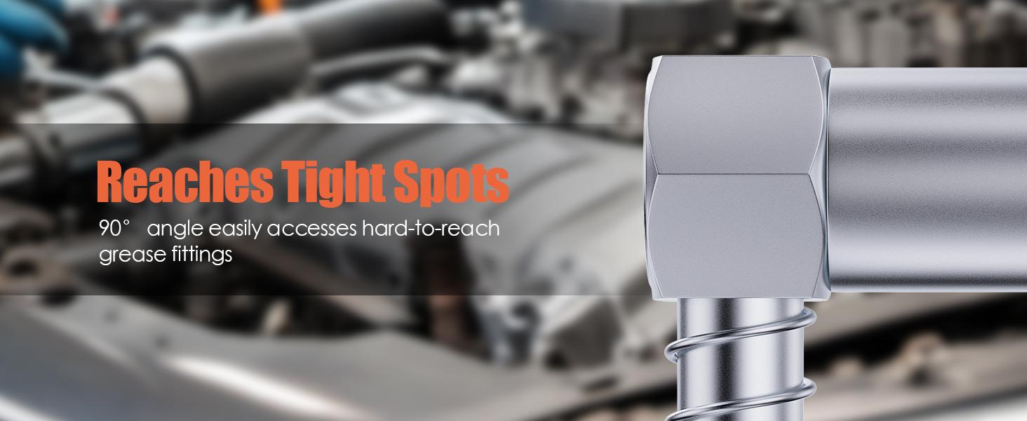 THE WELL KEPT 90 Degree Grease Gun Coupler Adapter - Right Angle Grease Gun Fittings for Tight Spaces, High-Pressure Grease Gun Nozzle Tip – 3-Jaw Spring-Lock for Standard Grease Fittings