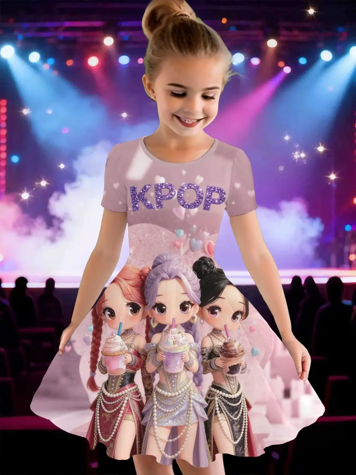 Spring Summer Girls' K-Pop Idol Milk Tea Cup Pattern Dress, Casual Short Sleeve Dress, Birthday Gift, Festival Gift, Cute Daily Wear, Summer Cute Dresses