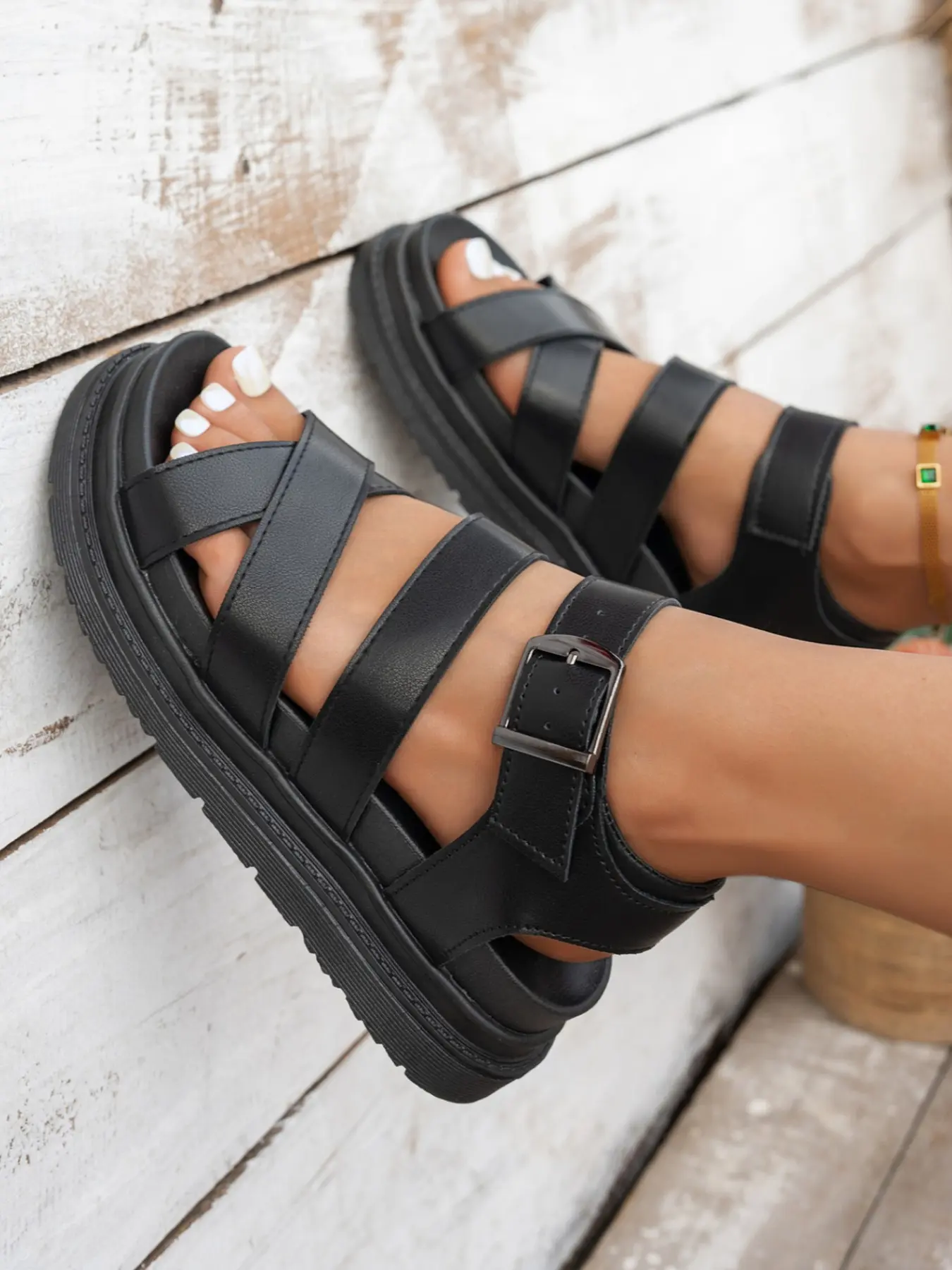 Ladies' summer solid color thick soled sandals, adjustable buckle strap beach sandals, casual and comfortable non slip flat sandals, Flat rubber sandals, Women, Casual Outdoor Sandals, Beach Footwear