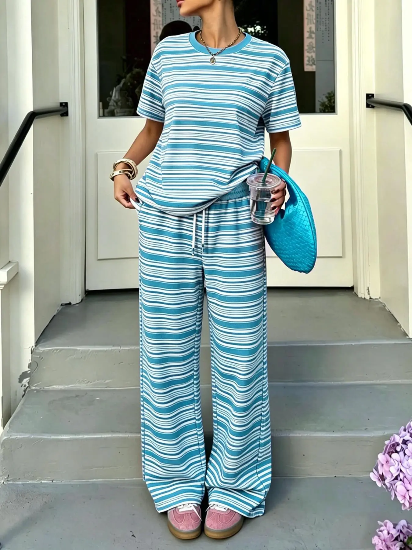 Women's Striped Short Sleeve Tee and Long Pants Set, Stripes, Summer Casual Fashion, Daily Wear or, Comfortable Two-Piece Set
