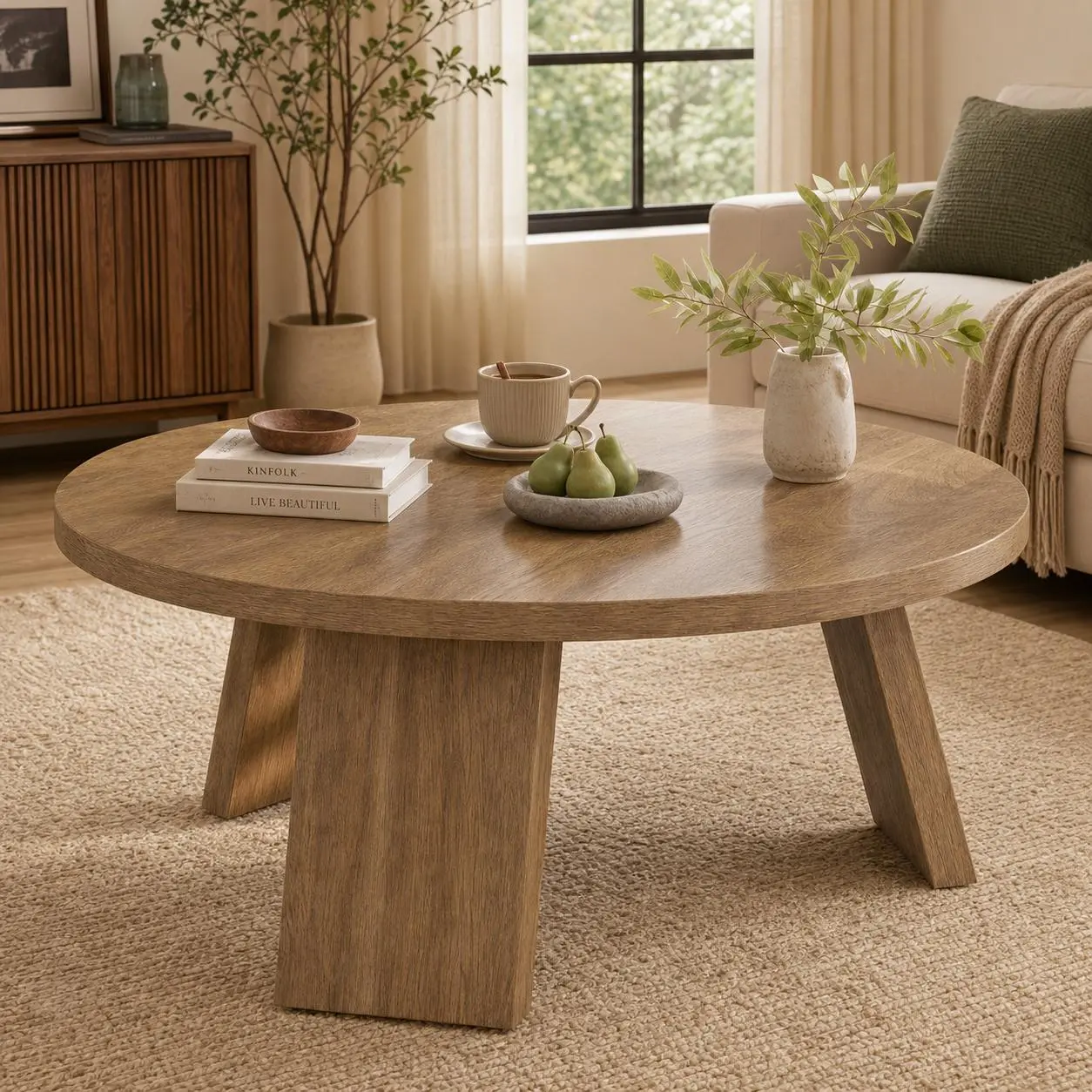 Round Coffee Table with Inclined Legs, Modern Wooden Circle Center Table, Accent Cocktail Tables for Living Room, Bedroom, Easy Assembly