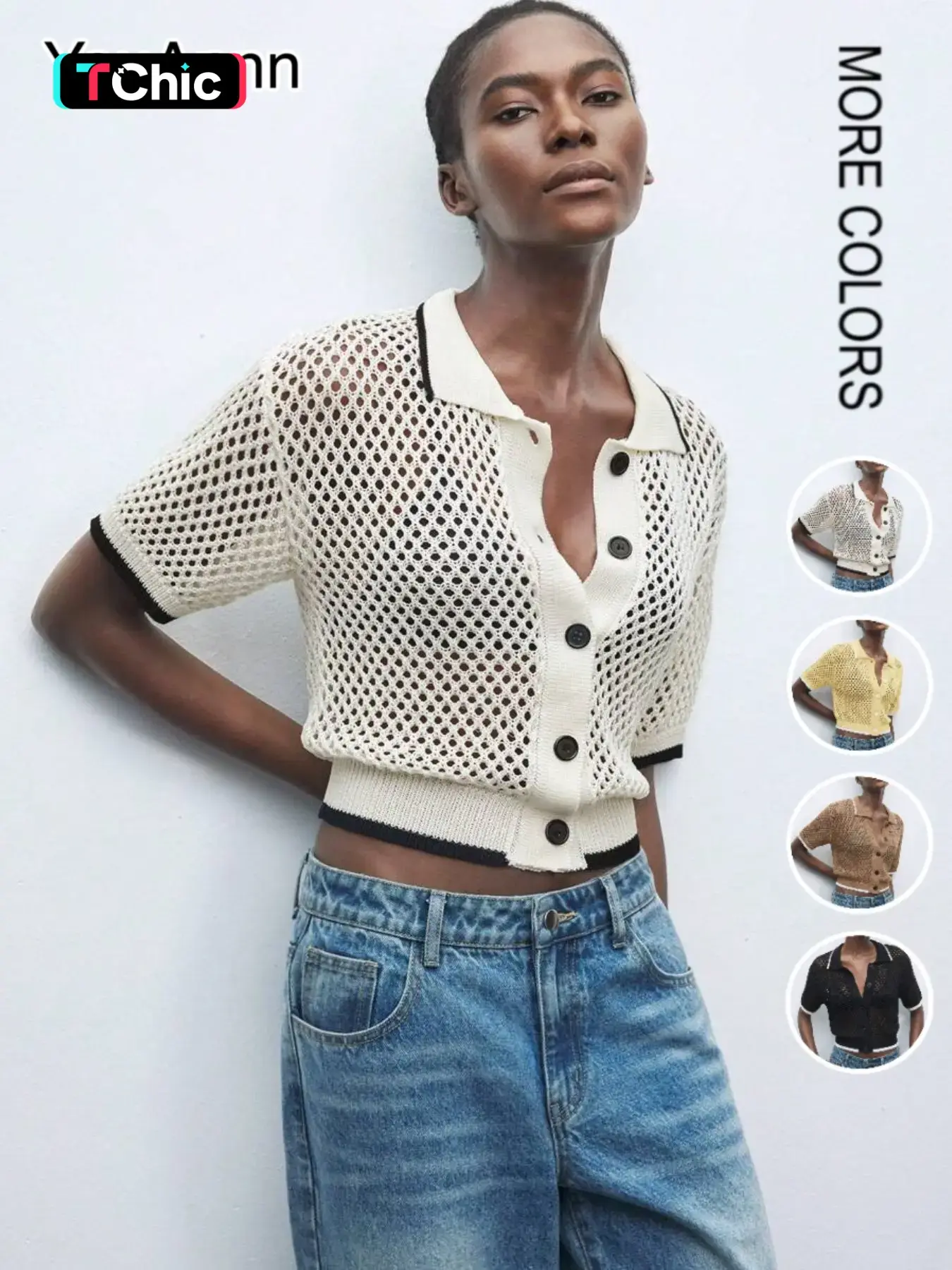 New Hollow Out Knitwear Collar Color Block Short Sleeve Sweater, Elegant and Comfortable Polo Neck Top, Versatile Casual Wear