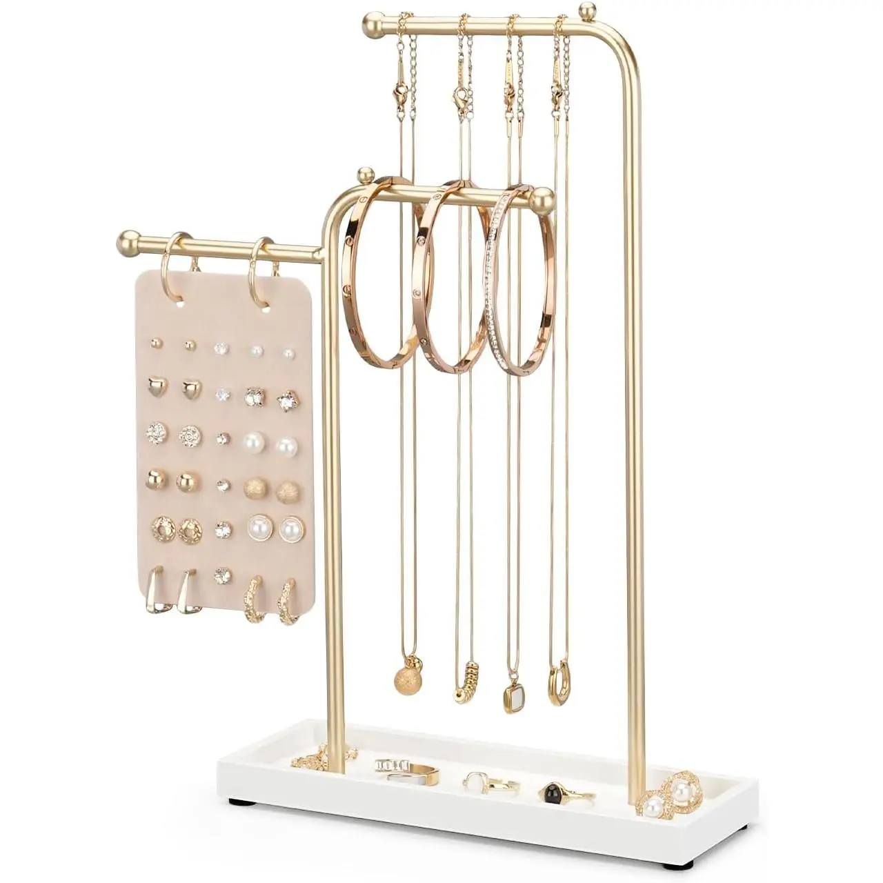 Stand Organizer with Metal Frame and  Tray,  Holder for Women, White Necklace Organizer