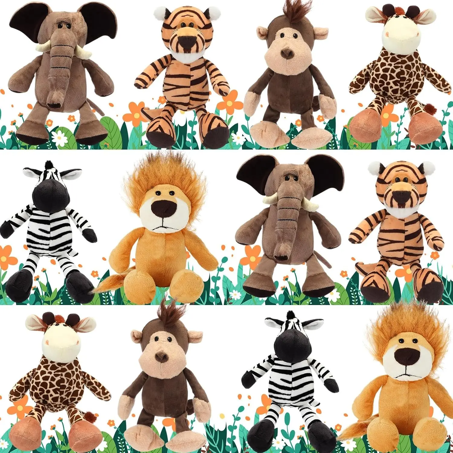 12 Pieces Safari Stuffed Animals 8 Inch Jungle Animal Toys Set Boys Girls Plush Forest Animals Lion Elephant Zebra Giraffe Tiger Monkey for Zoo Animal Party Teacher Student Award