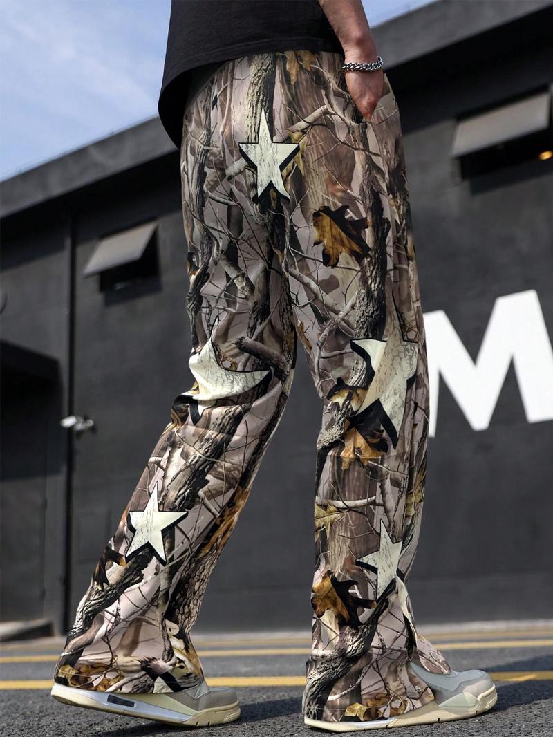 Menswear Loose Camo/Tree Print Drawstring Waist Pants, Casual Outdoor Pants, Casual Street Fashion Button Design Pocket Trousers for Daily Wear, Mens Bottoms for All Seasons, Earthtone Fallfreshness, Fall Gift