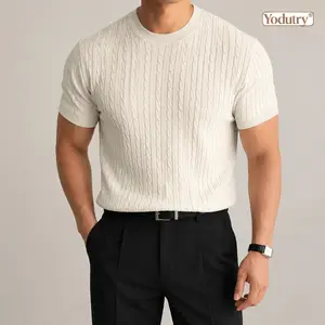 Yodutry | Mens Muscle Fit Cable Knit Short Sleeve Sweater, Premium Breathable Crew Neck Knitwear, Smart Casual Slim Fit Ribbed T-Shirt for Work & Date Night