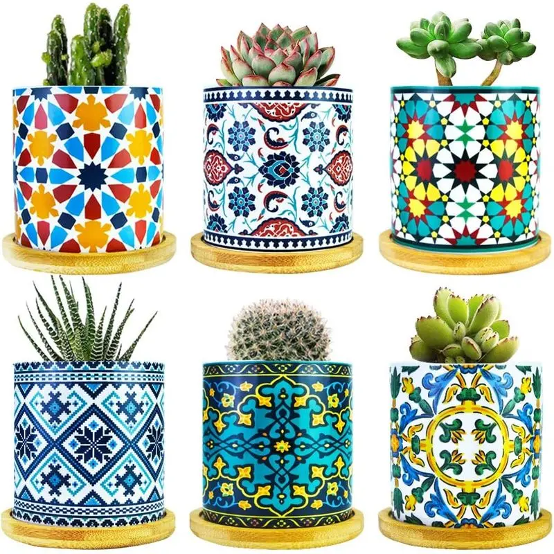 6-Pack Ceramic Mandala Succulent Plant Pot Set with Bamboo Trays, Multicolored Container for Small Plants