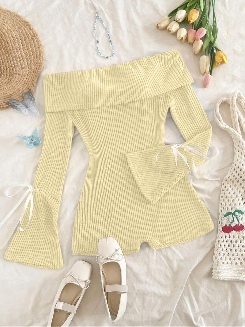 Women's Solid Ribbed Off Shoulder Flounce Sleeve Romper, Casual Fashion Cozy Romper for Daily Outdoor Wear, Women's Clothes for Spring & Fall, Casual Comfy Jumpsuit