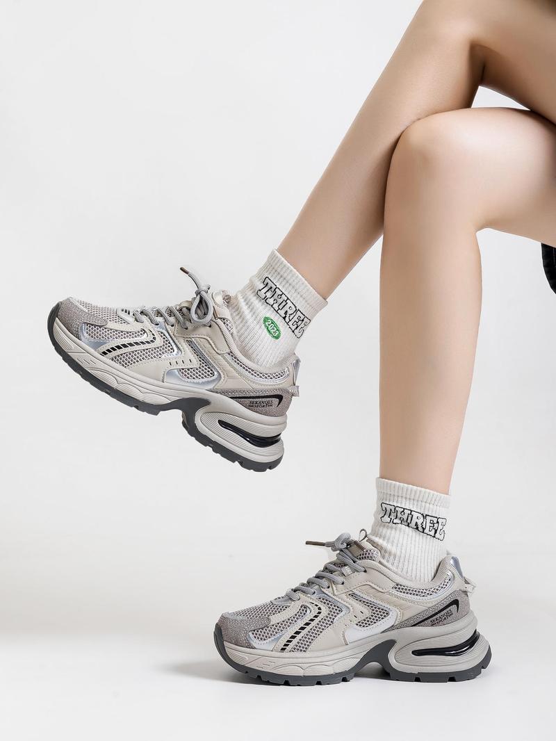 New Thick Sole Dad Shoes Fashion Casual Sporty Women's Breathable Height Increasing Sneakers, Round Toe, Low Top, All Seasons