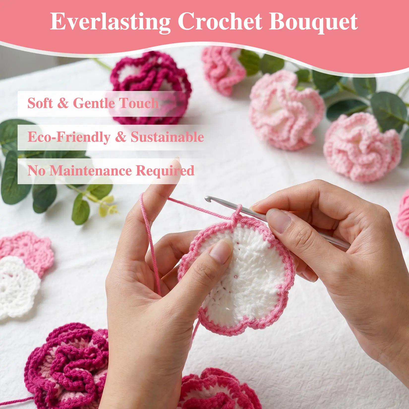 1-Set Handmade Pink Yarn Flower Bouquet with Best Wishes Card & Gift Bag, Everlasting Crochet Floral Gift for Birthdays & Home Decor
