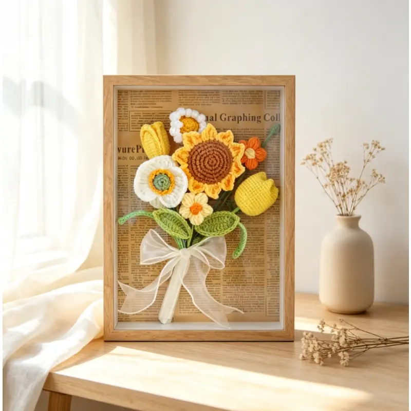 Handmade Crochet Sunflower Tulip Flower Frame, Knitted Floral Bouquet Shadow Box Photo Frame, Rustic Wooden Framed Yarn Flower Art, Gift for Mother's Day Birthday Wedding Home Table Decor