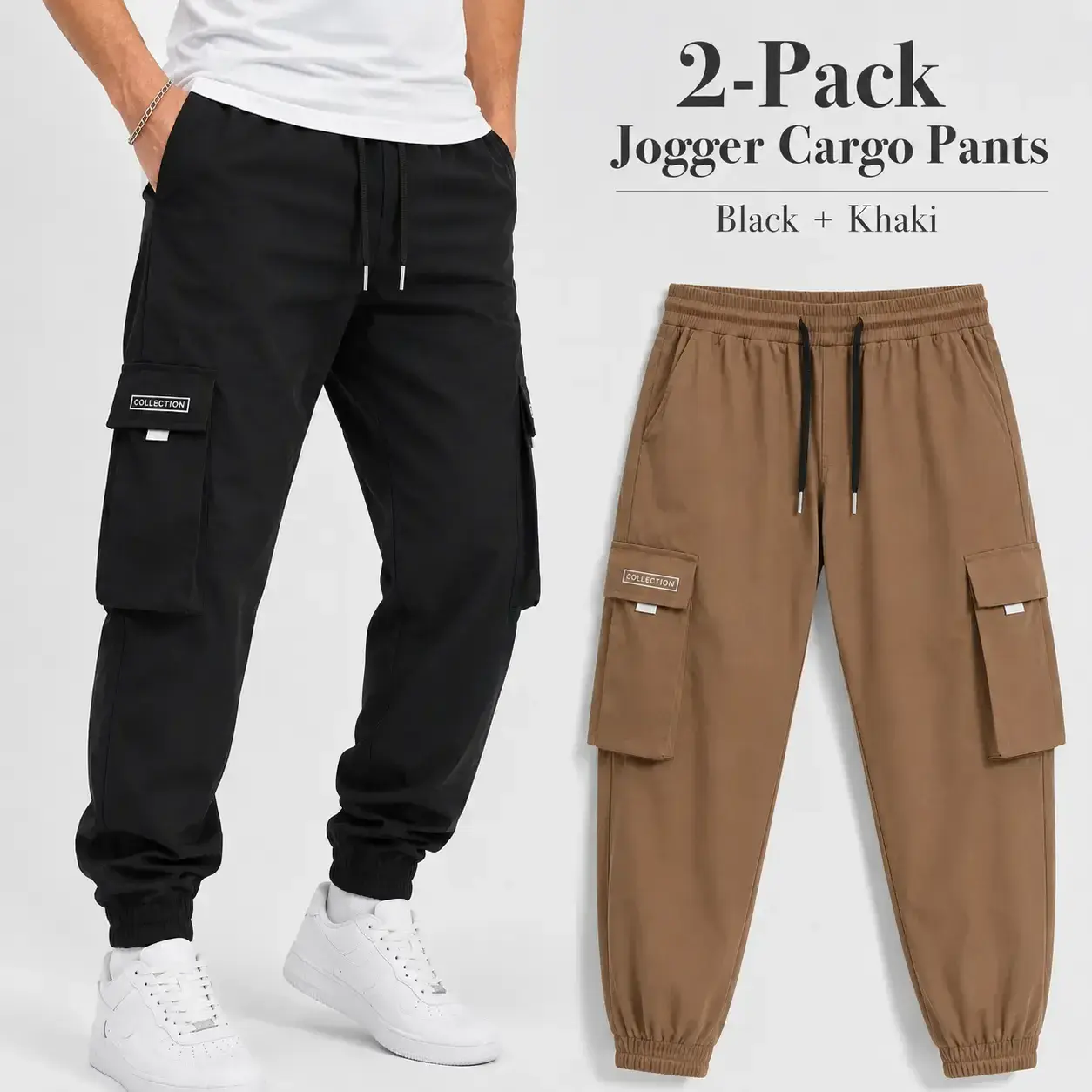 Men's 2-Pack Letter Patch Drawstring Cargo Sports Joggers, Regular Fit, Multi-Pocket, All-Season Casual Trousers for Daily Commute, Drawstring Cargo Men's Sports Joggers, Comfortable Thick Men's Sports Joggers