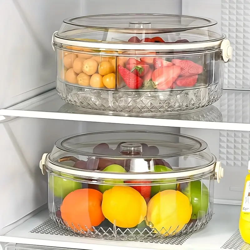 Transparent, Food grade plastic vegetable serving tray with lid and dipping section for parties, outdoor picnics, catering fruit trays, refrigerator chilled tote basket, suitable for snacks, travel take-away food containers, refrigerator storage boxes