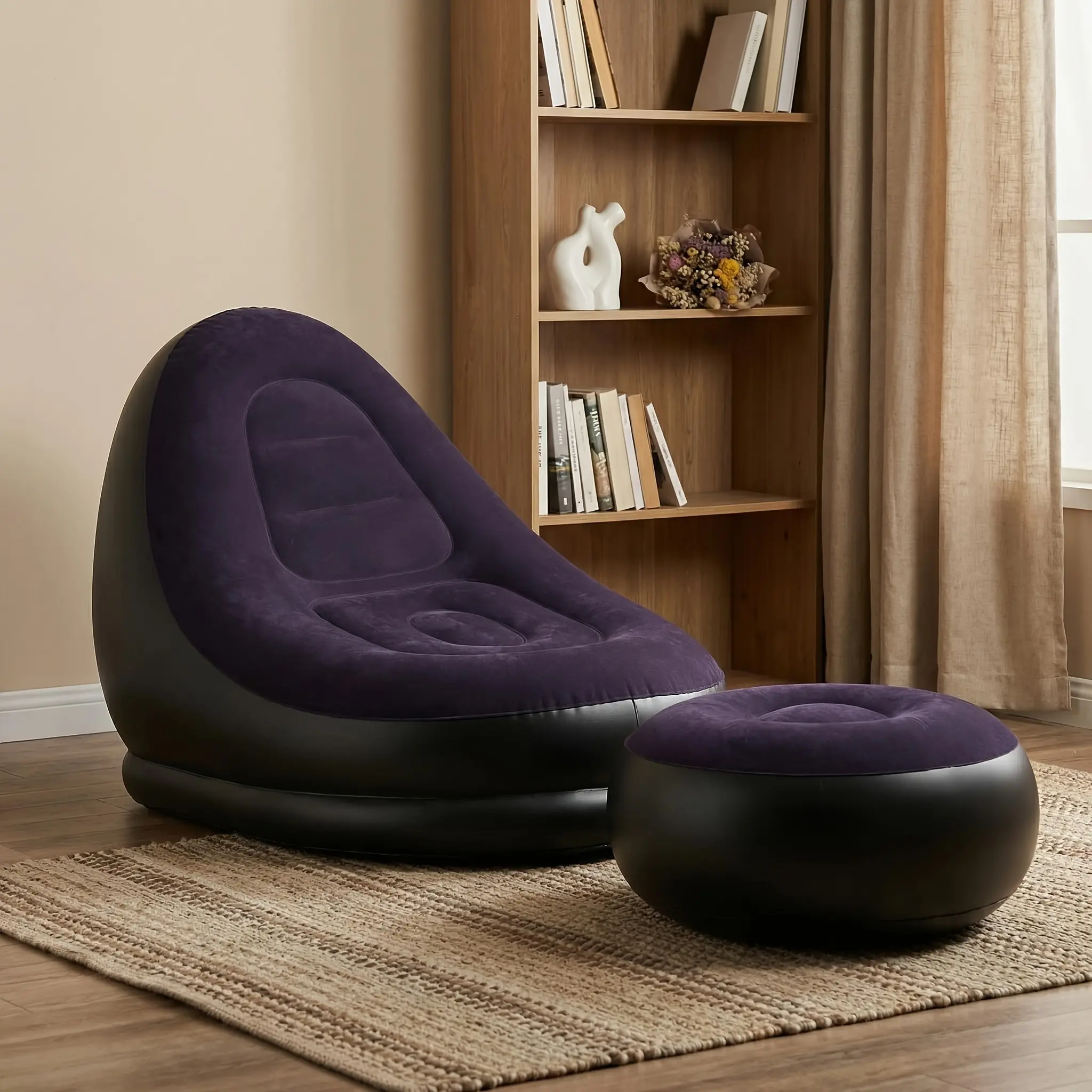 [Inflatable Sofa Bed] New Plush Inflatable Lazy Sofa With Footrest Combination Lounge Chair Camping Picnic Artifact Single Casual Inflatable Sofa Bed Indoor Nap Chair