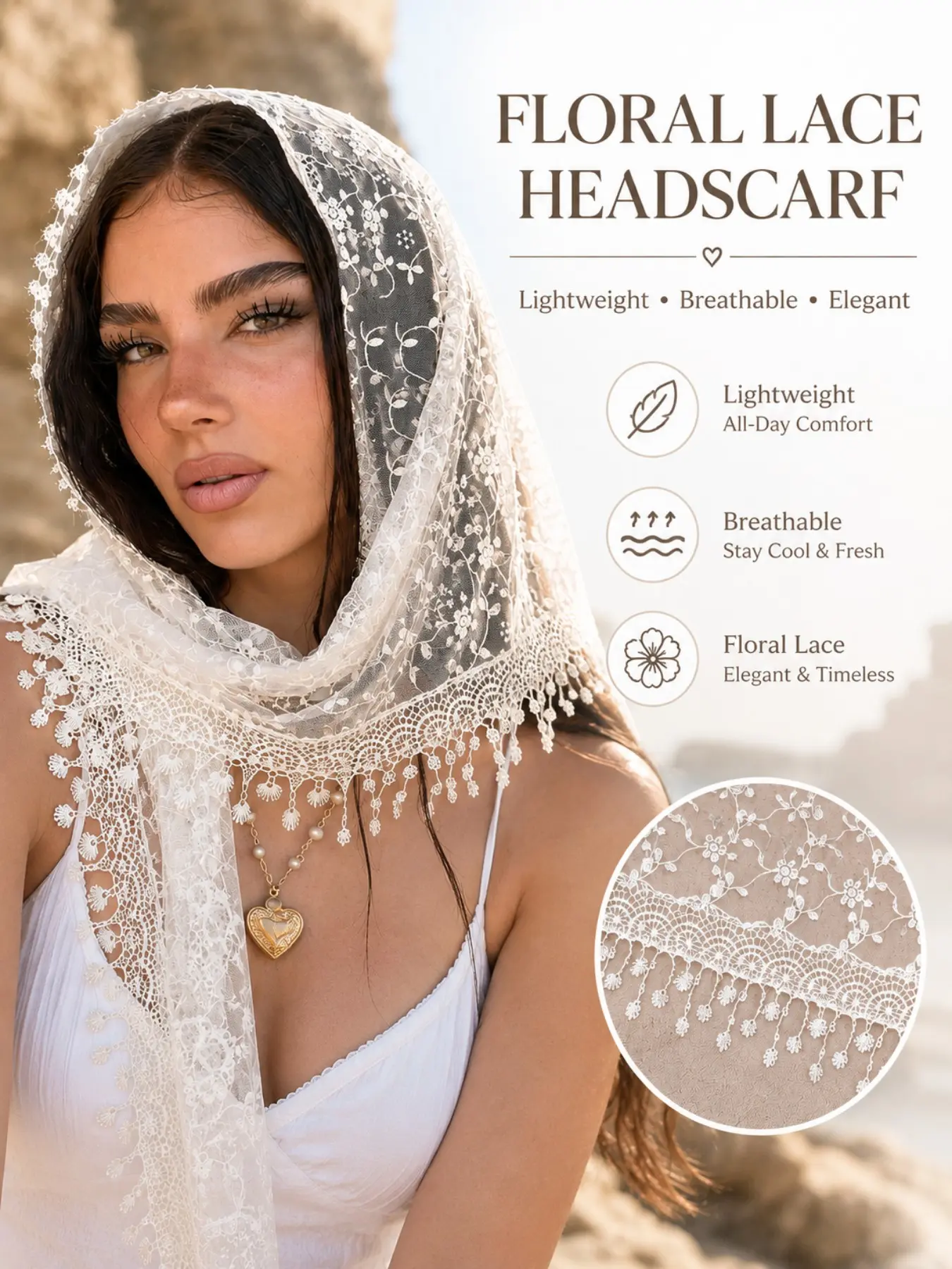 Lace Headscarf for Women Floral Lace Scarf, Lightweight Breathable Sheer Head Wrap, Vintage Boho Wedding Church Veil, Beach Vacation & Party Outfit