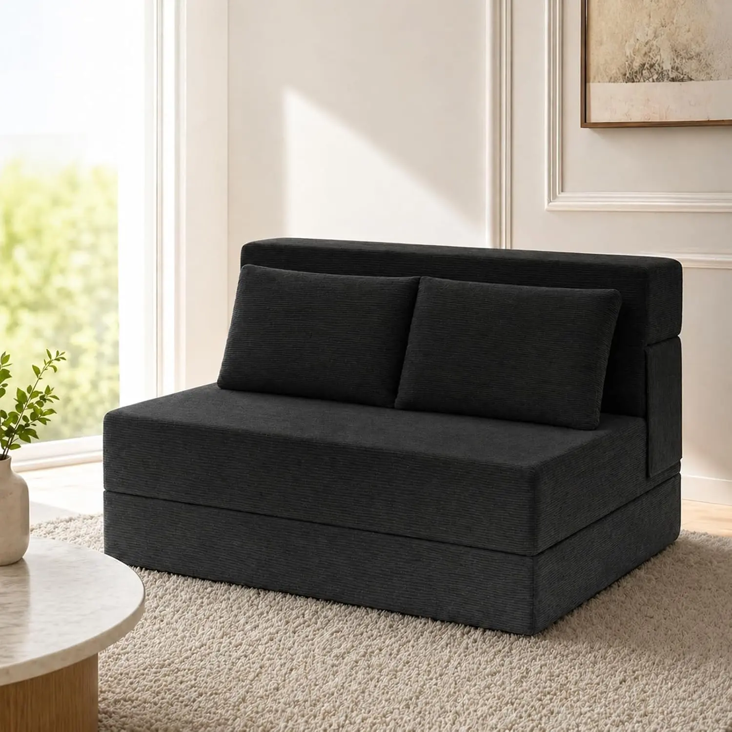 Folding Sofa Bed,Convertible Sleeper Chair with Pillow, Loveseat Fold Out Chair Bed, Memory  Floor Couch Mattress, Foldable Futon Couch Lounge for Living Room (Black-Corduroy, )