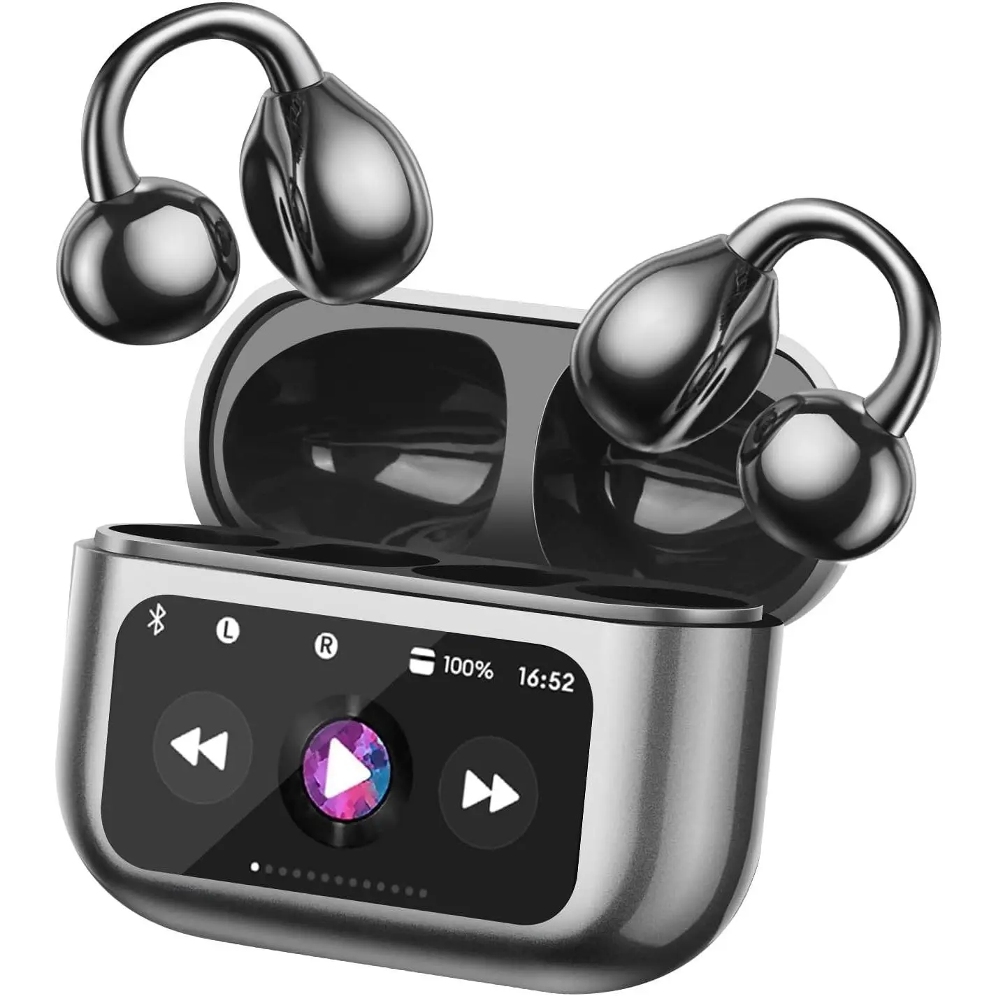 Open Ear Bone Conduction Headphones Bluetooth 5.4 Wireless Clip-On Earbuds with Digital Display Charging Case, 40 Hours Playtime, Built-in Mic, IPX7 Waterproof Sport Earphones for Running Fitness BlackGift