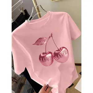 Golden Cherry Printed Women'S Short Sleeve T-Shirt, Fashionable Casual Tee, Noble Feel, Women'S Casual Versatile Top, Daily Fashion | Comfortable Soft Fabric | Spring/Summer Women'S T-Shirt