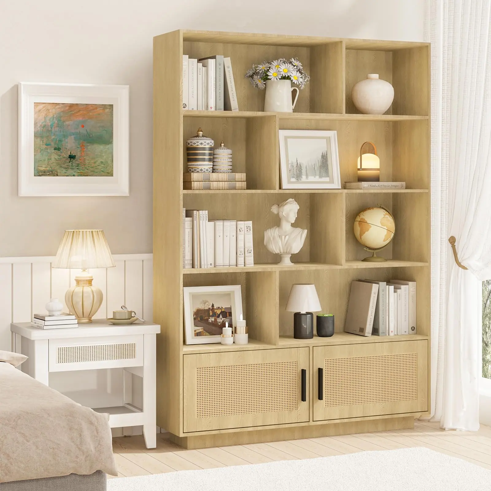 Bohemian 5-Tier Tall Bookcase with Rattan Cabinet Doors, Large Storage Display Rack with Open Shelves for Living Room Bedroom Office Kitchen