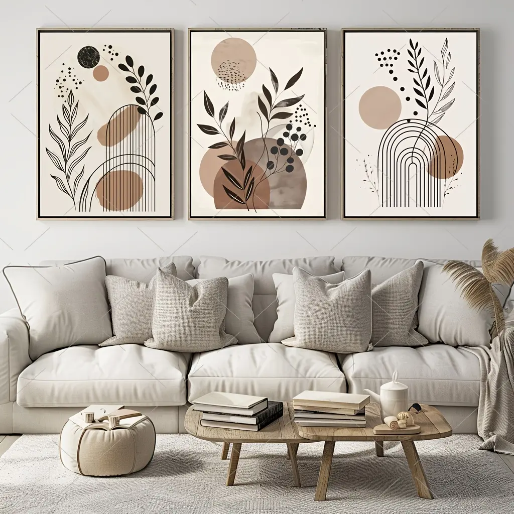 Framed Bohemian Line Plant Print Canvas Wall Art Set of 3 - Waterproof, Glossy, Artistic, Minimalist, Simple Elegant Creative Design, Abstract Poster Decoration for Living Room, Bedroom, Office, Ready to Hang, Water Proof