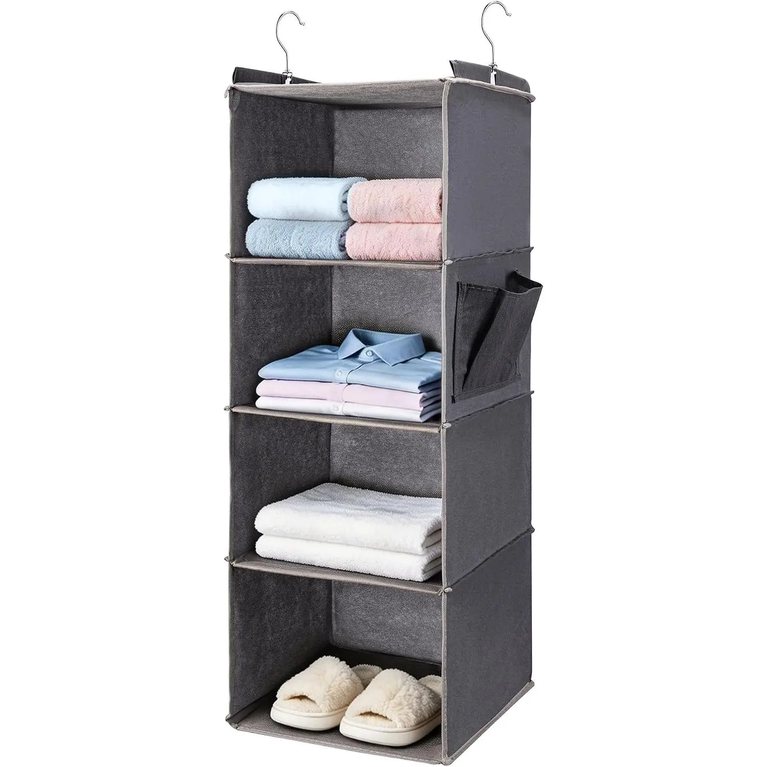 Closet Organizer and Shelves,4 Shelves with 1 Side Pockets (Grey) | Foldable, Grey Fabric, Modern Style, for Bedroom and Dorm Room