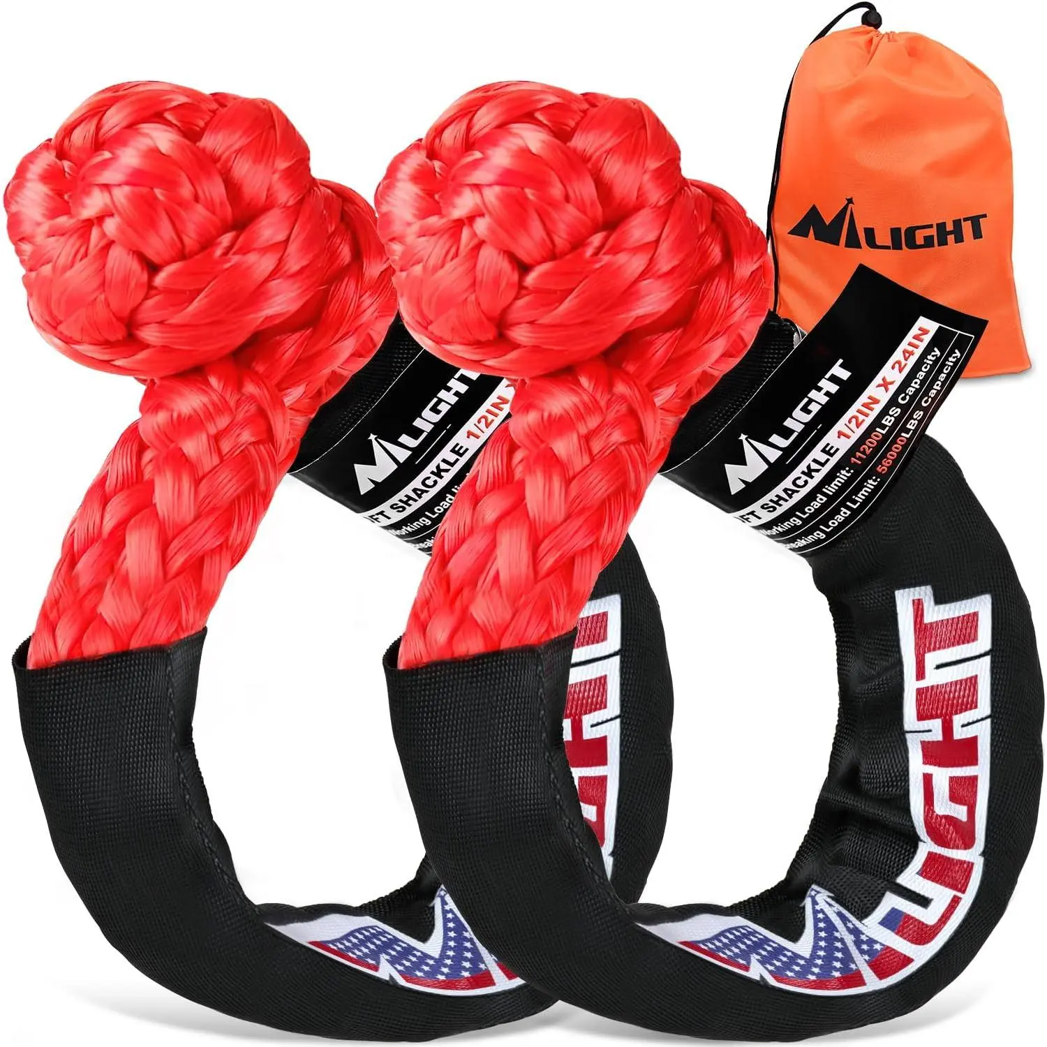 Nilight 2PCS PE Ultra-Strong Fiber Synthetic Soft Shackles, 1/2in x 24in, 56000LBS High Tensile Force Breaking Strength, Extra Sleeves, Buoyant Floats, All-Weather Ruggedness, Heavy-Duty Recovery Tool for Off-Road Trucks, ATV (Red), No Tools Required, Saf