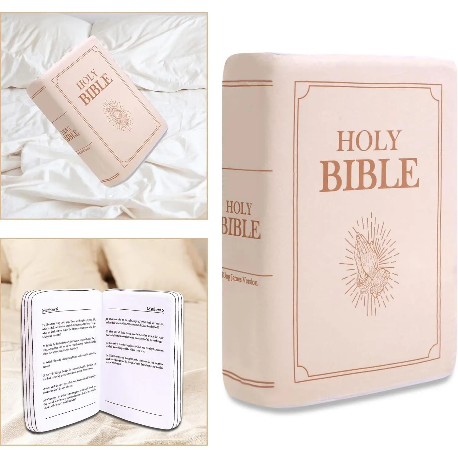 Bible Pillow Book Plush That Opens, for Kids Adults Christian Gifts, Cozy Faith Bible Pillow (Beige)