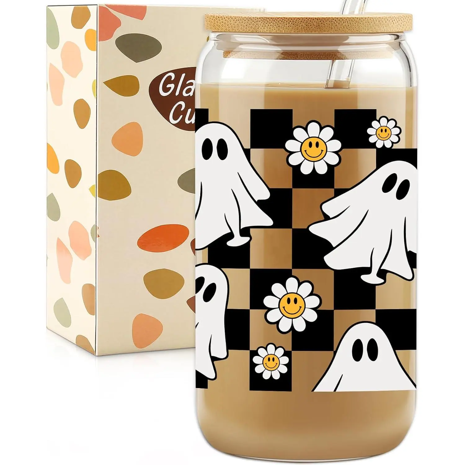 Halloween  Cup, Spooky Mug, 16 oz Tumbler Glass Cups with  and Straws - Spooky Iced Coffee Cup Smoothie Cup, Cute Halloween Gifts for Women, , Teens, Boys, Girls