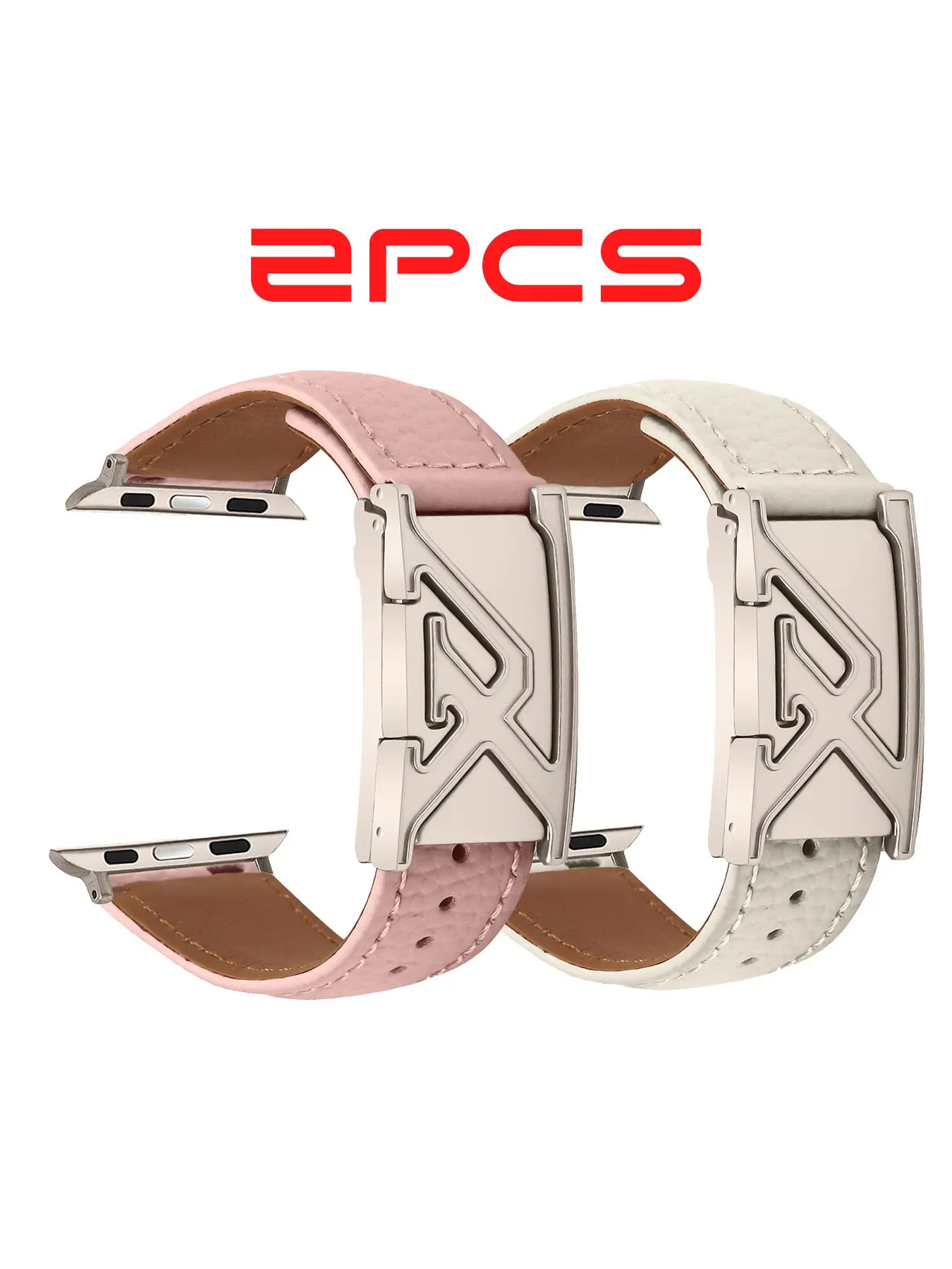 2 Pcs Fashionable Leather Watch Strap, Litchi-Pattern Texture, Silver Color Letter-Engraved Clasp, Elegant Accessory for All Seasons