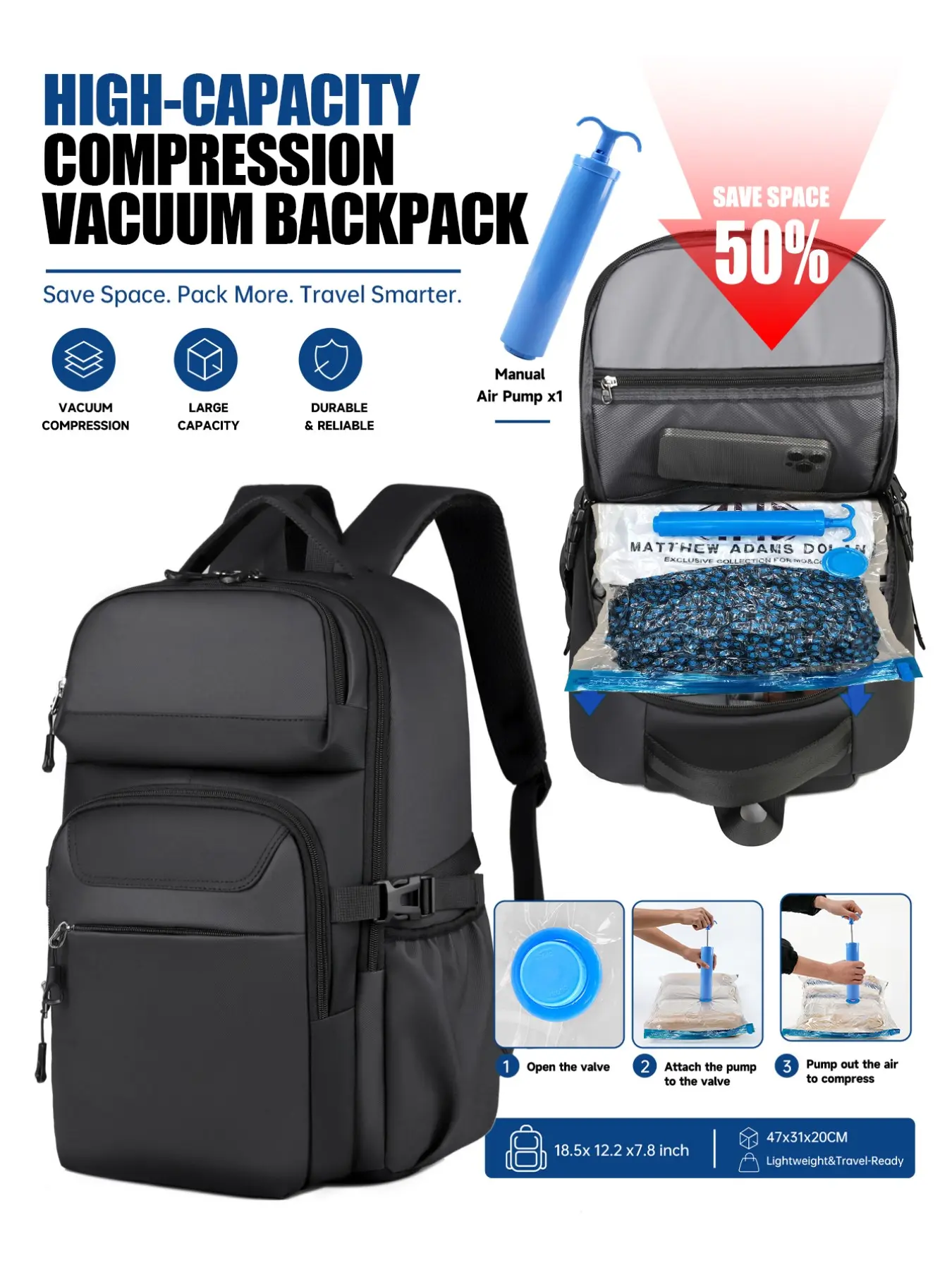 Vacuum Compression Backpack for Travel, High Capacity Waterproof 17 Inch Laptop Backpack with Vacuum Bag and Manual Air Pump, Flight Approved Carry On Air Travel Daypack, Lightweight Space Saving for Men Women Business College Outdoor,