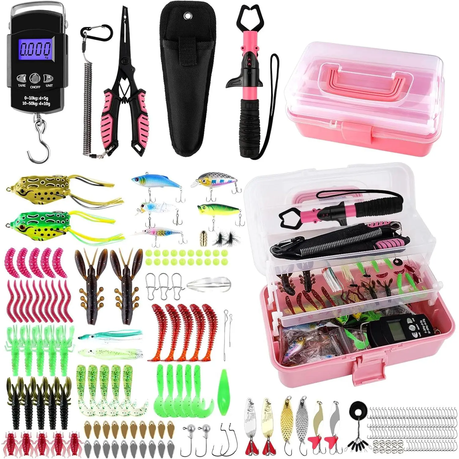 Pink 3-Layer Rust-Resistant Fishing Tackle Box Kit with Compact Fold, Portable Size, Cork Grips Multi-Tool Set — Includes Pliers, Fish Lip Gripper, Scale, Crankbait, Spinnerbaits, Soft Baits, Hooks — Ideal Gift for Anglers (Saltwater, Freshwater)