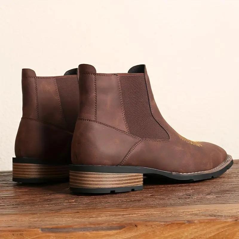 Men's Western Embroidered Chelsea Ankle Boots, Pull-On Elastic Gusset, Cowboy Style Casual Work Boots for American Men