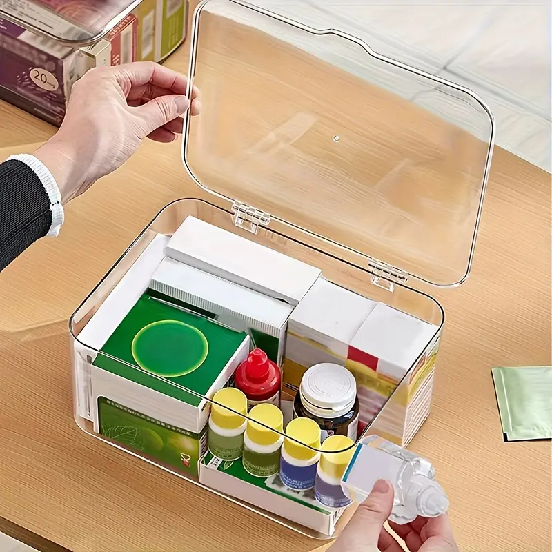 1 piece - Large-capacity flip-top medicine box, transparent desktop storage box, household mini medicine box, multi-functional container for storing cosmetics, masks, stationery and miscellaneous items