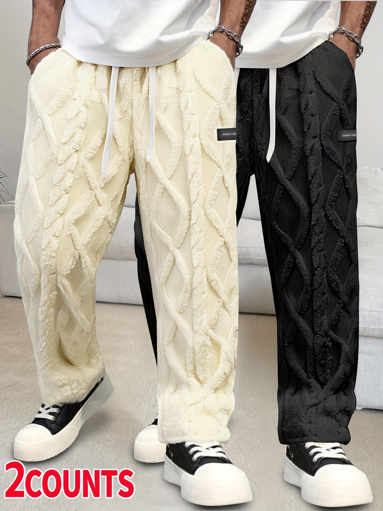 Men's double-sided velvet thickened linen casual pants (2 pieces) Autumn and Winter Plush Loose Leg Warm Home Pants (2-piece Set) Drawstring elastic waist plus plush wide leg pants