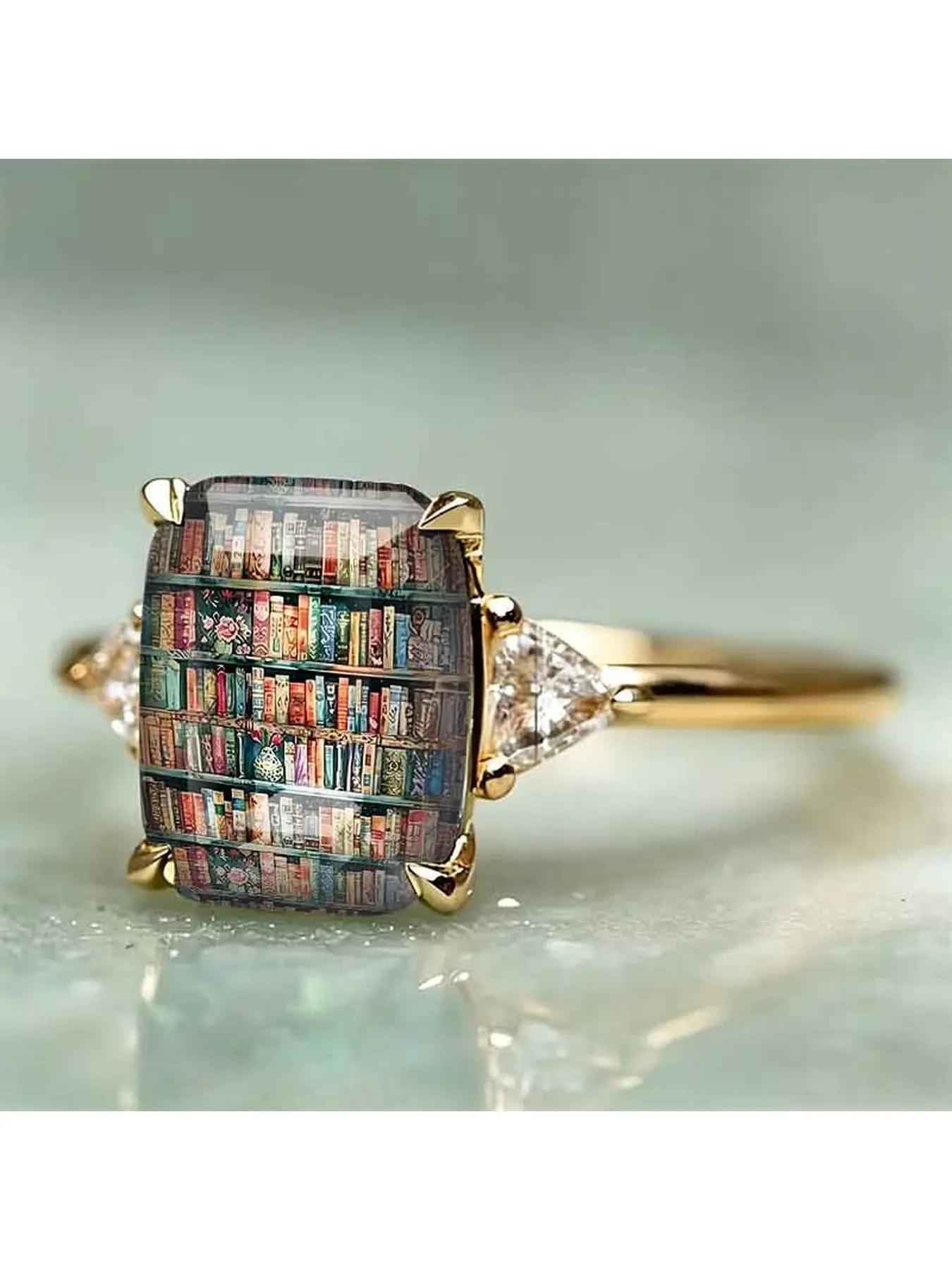 Retro bookshelf book collection pattern square ring. Literary reading enthusiast print ring. Intellectual niche fashion decoration ring. Creative gift jewelry.