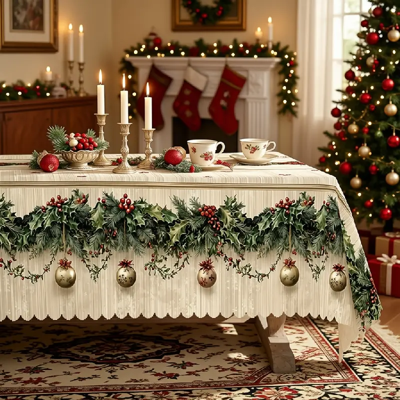 Christmas Holly Garland and Gold Ornament Printed Tablecloth for Festive Dining Room Decor polyester, washable, clearance sale