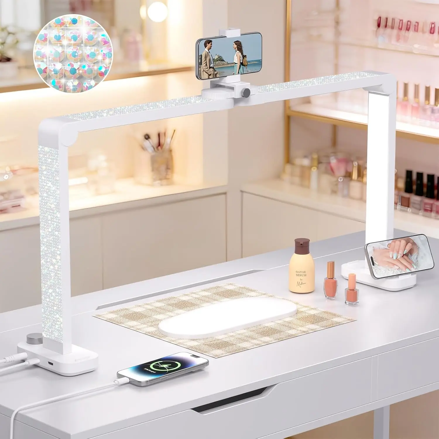 34 in Square Shape Half Moon Nail Desk Lamp with Phone Holder, Durable LED Light for Professional Manicurists, Tattoos & Crafting, White with Rhinestones