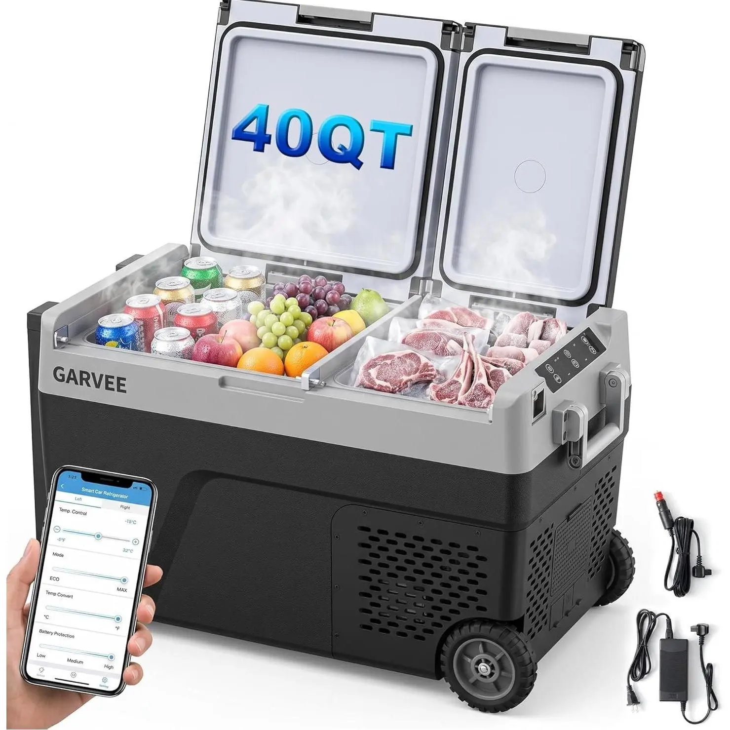 GARVEE 48L/51QT Dual Zone Portable Car Refrigerator & Freezer with Wheels, Compressor Electric Cooler with APP Control, -4°F to 68°F Adjustable Temperature, 12V/24V DC & 100-240V AC Power for RVs, Trucks & Camping, Black（Battery Not Included）