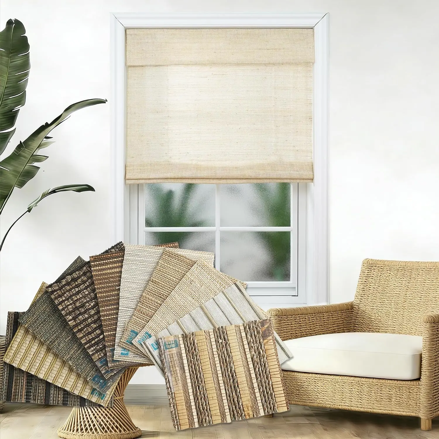 Motorized  Roman Blinds with Remote, Woven Roman Shades Compatible with Alexa  , Automatic  Blind for Indoor Windows CustomSize(Sunwoven)