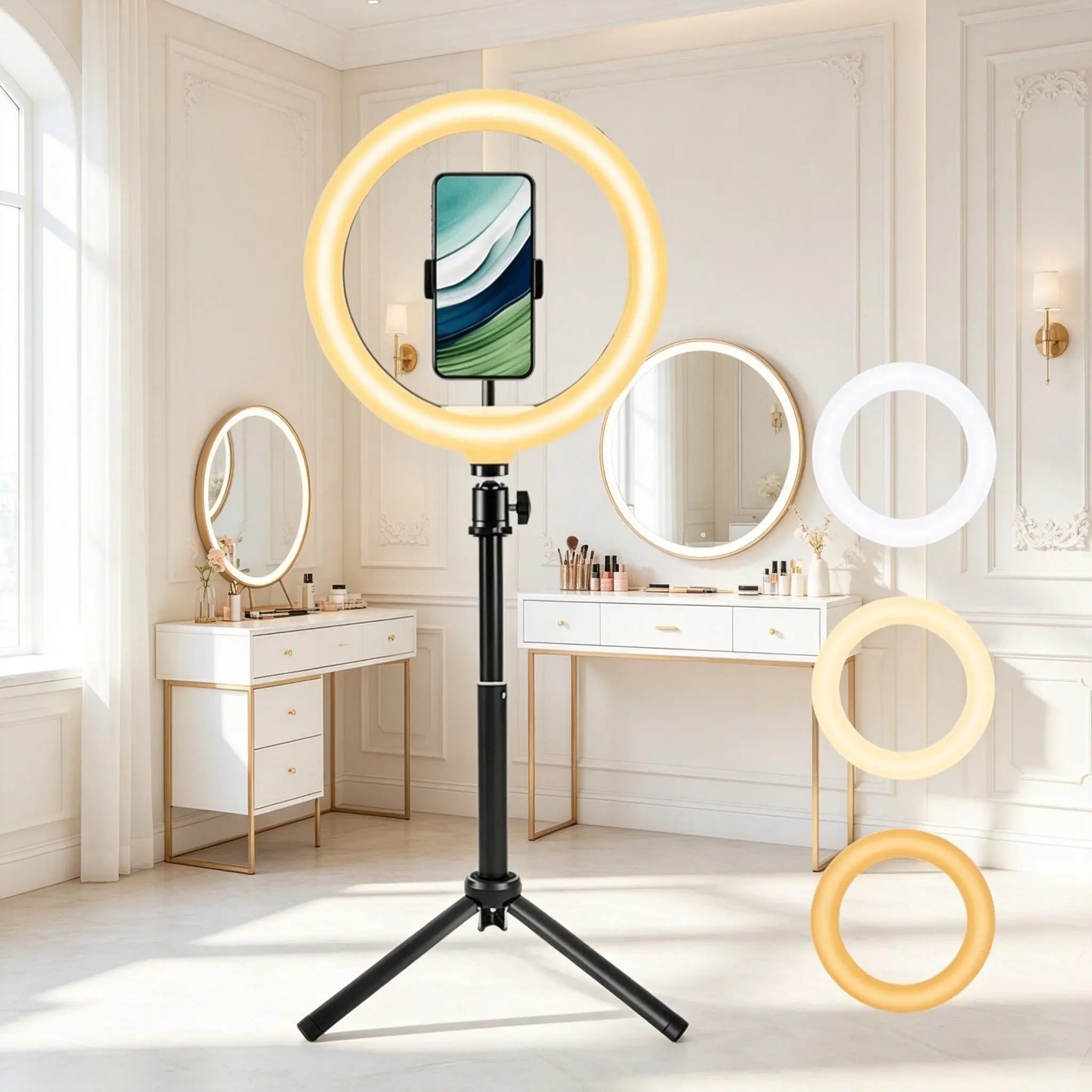 Handheld Desktop Two-In-One Selfie Ring Light, Adjustable Tripod, Three Color Temperatures, Soft Eye-Friendly, Portable for Travel and Vlogging