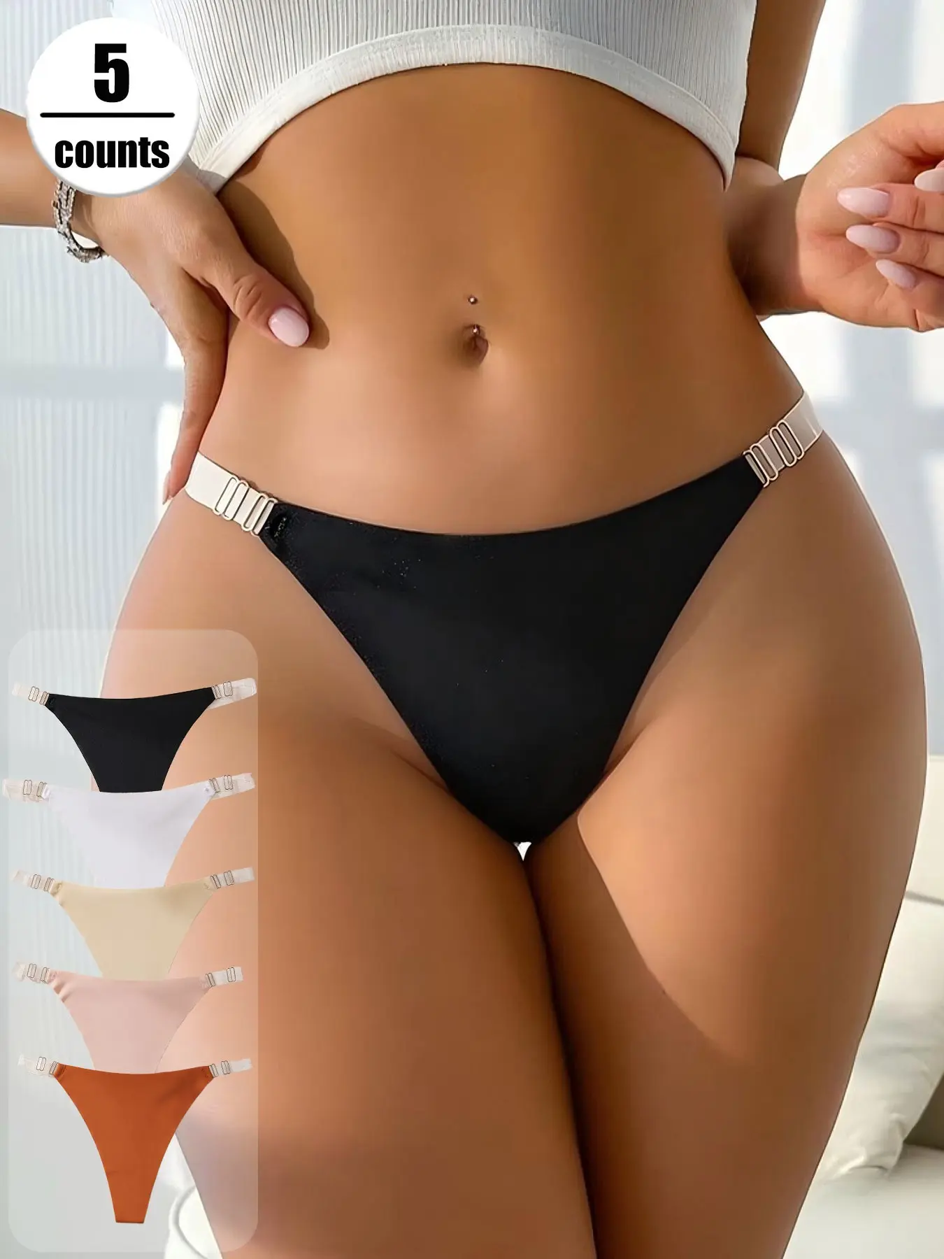 5 Pack Women Ice Silk Seamless Thongs, Invisible Clear Adjustable Strap, Low Rise G String Panties, Breathable Soft T-Back Underwear Plain Panty