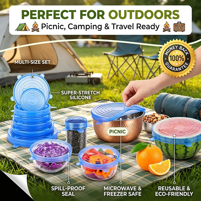 Universal Reusable Silicone Lids – 6-Pack Self-Sealing Food Covers for Various Container Sizes