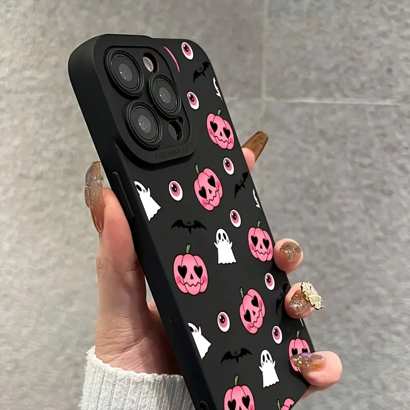 Soft TPU Halloween Mobile Phone Case for iPhone 17,16,15,14,13 Pro Max - Cute Spooky Aesthetic, Pink Heart, Jack O' Lantern, Ghost, Eyeball, Bat Ditsy Print, Protection, Shockproof, Durable, Camera Shield, Black